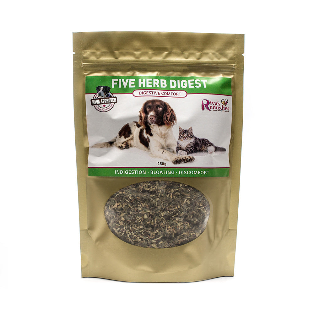 Five Herb Digest is a blend of herbs for dogs and cats with gas, bloating or are vomiting after they eat. It will soothe their tummy and provide relief for all symptoms related to digestive upset including nausea, vomiting, cramping and heartburn. OnTotalWellness distributor for Ontario 