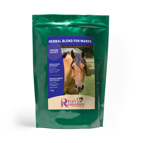 Herbal Blend for Mares is a soothing herbal blend to settle mares with hormonal imbalance. This palatable supplement supports calm behaviour in mares with mood swings, irritability, lack of cooperation, anti-social behaviour and/or aggression. Supports a normal hormonal cycle in mares with chronic heats and/or cycling irregularities. OnTotalWellness distributing for Ontario 