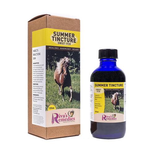 Summer Tincture liquid Herbal Blend , combined with Vitamin C promotes optimum immunity, supports healthy skin and maintains resistance to insects. Use for sweet itch hives and all insect sensitivities. OnTotalWellness distributing for Ontario 